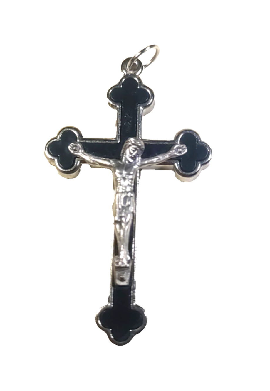 Italy Jesus Cross Crucifixion Silver Tone Black Enamel Pendant